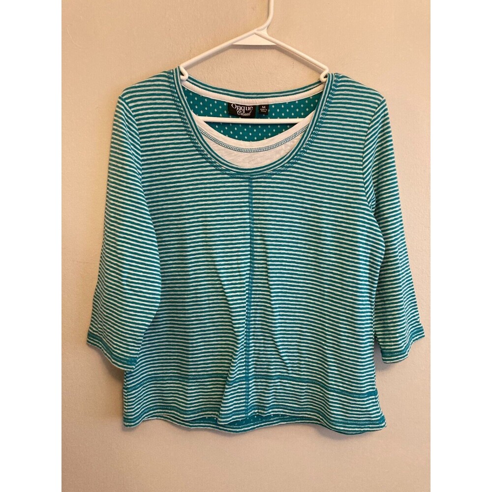 Onque Casual Women’s Top Teal White Striped 3/4 Sleeve Faux Inner Top Medium